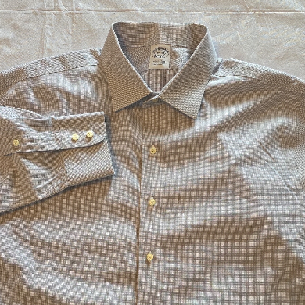 Brooks Brothers Men's‎ Gray White Check Non-Iron Dress Shirt 17.5/34